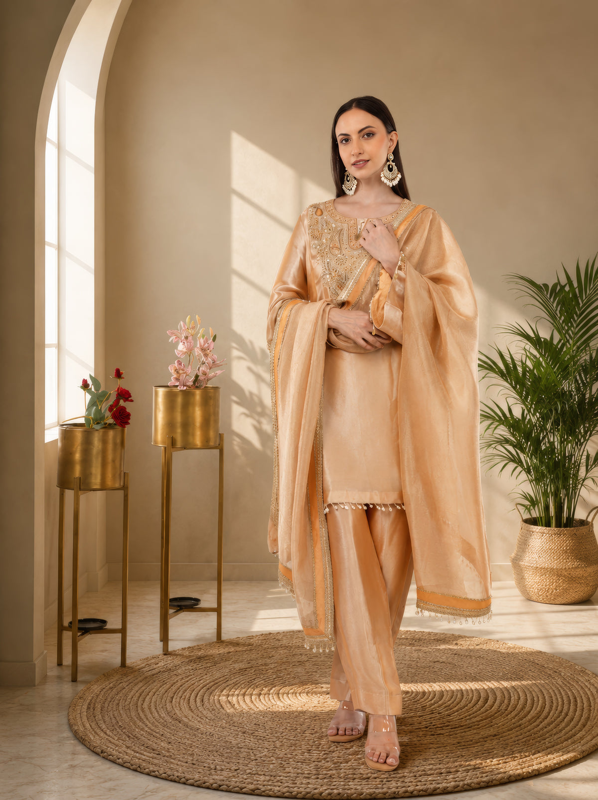 Jiraf silk shirt and bottom, dupatta tissue silk Dori work and beads work with hand