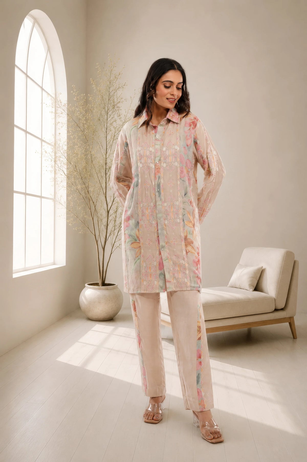 Linen Co-Ord set with hand paint and embroidery