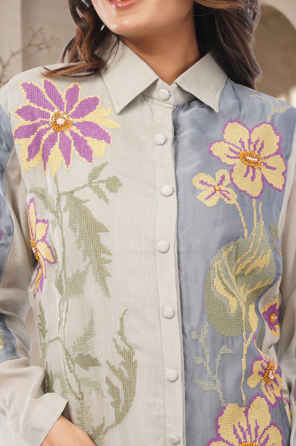Linen Co-Ord set with hand paint and embroidery
