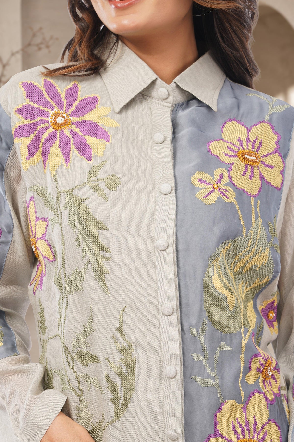 Linen Co-Ord set with hand paint and embroidery