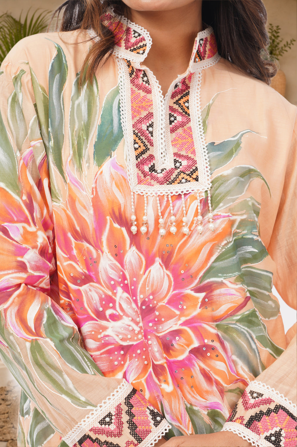 Linen Co-Ord set with hand paint and embroidery