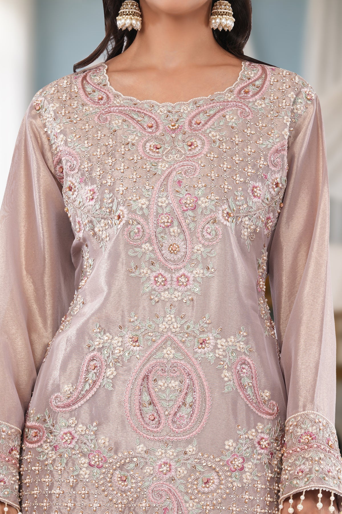 Jiraf silk shirt and bottom, dupatta tissue silk Dori work and beads work with hand