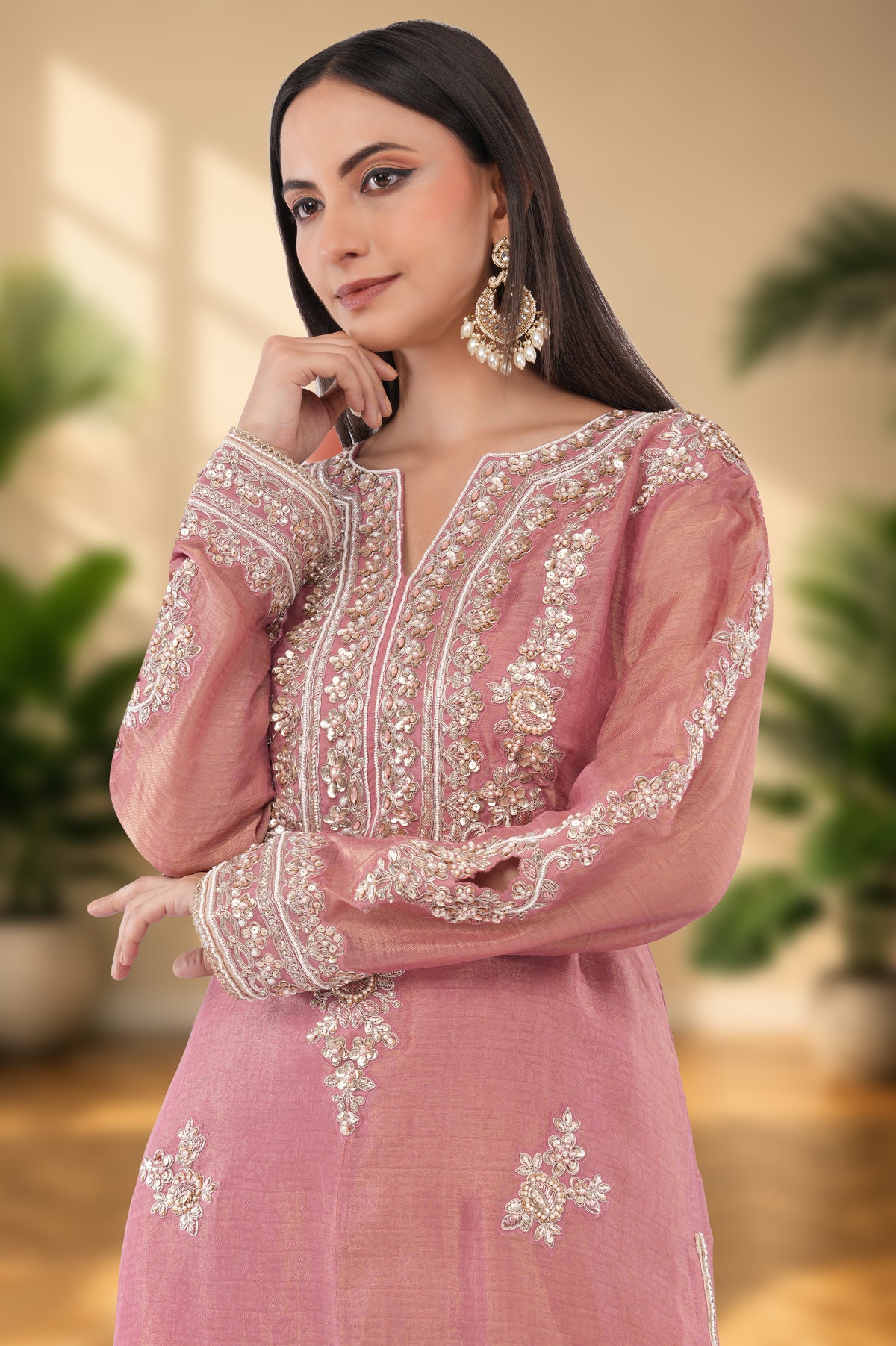 Organza tissue shirt dupatta and bottom, thread embroidery and hand work
