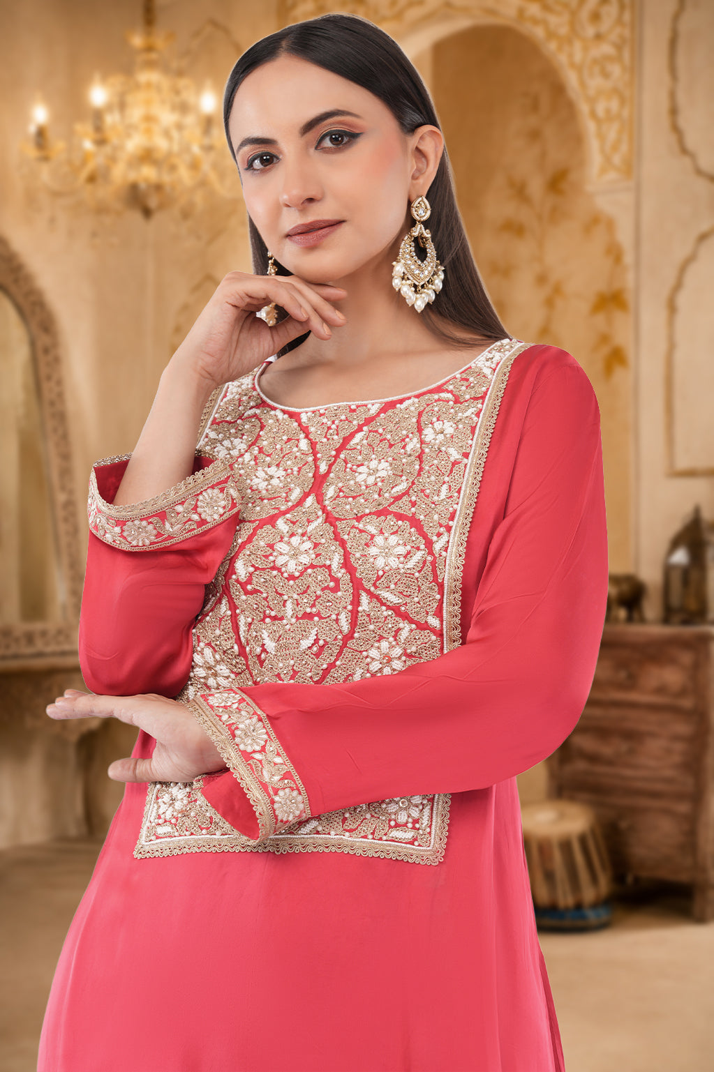 Satin organza shirt and bottom ,Chinon dupatta ,Dori thread work and beads work