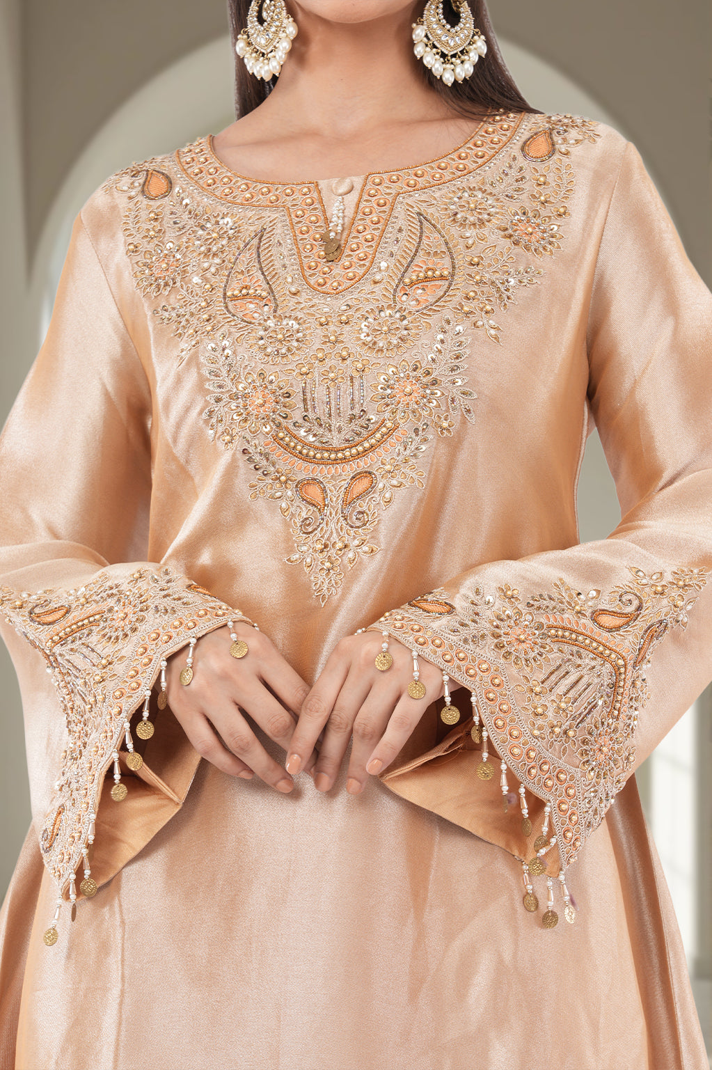 Jiraf silk shirt and bottom, dupatta tissue silk Dori work and beads work with hand