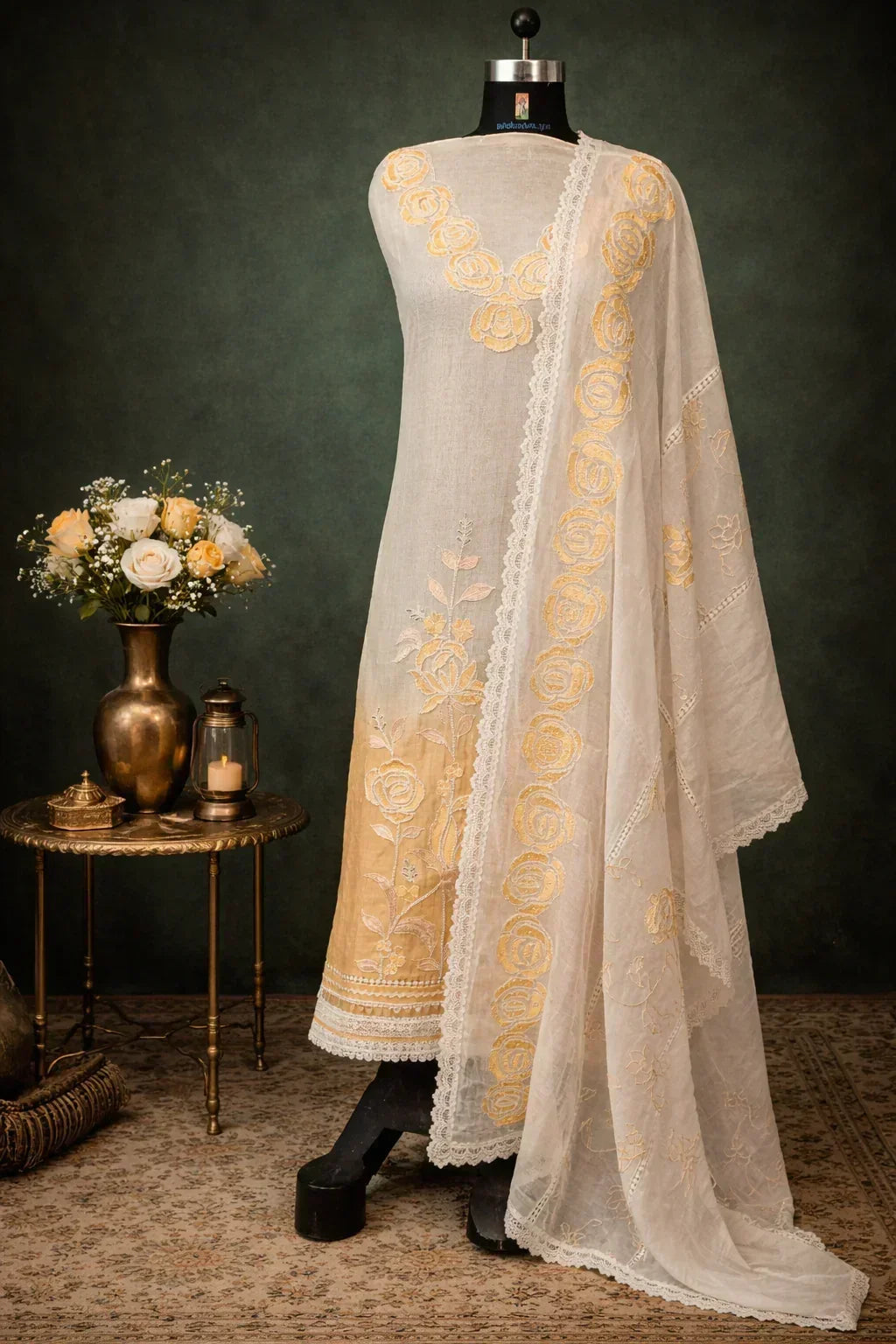 Ivory and gold embroidered ethnic suit set with floral dupatta on mannequin next to brass decor