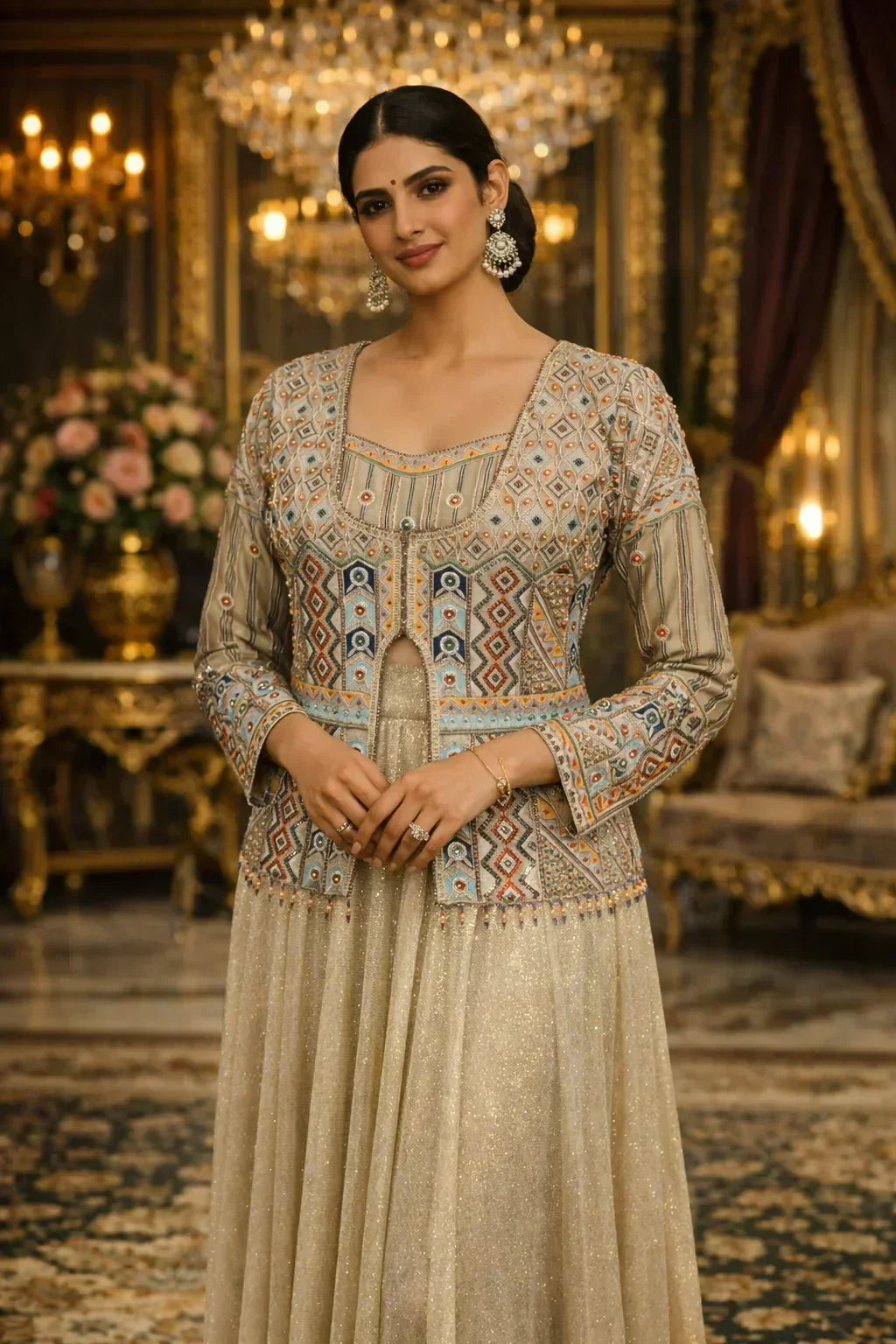 Woman in a Banarasi Anarkali suit with geometric embroidery and chandbali earrings, standing in a luxurious setting.