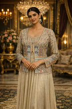 Woman in a Banarasi Anarkali suit with geometric embroidery and chandbali earrings, standing in a luxurious setting.
