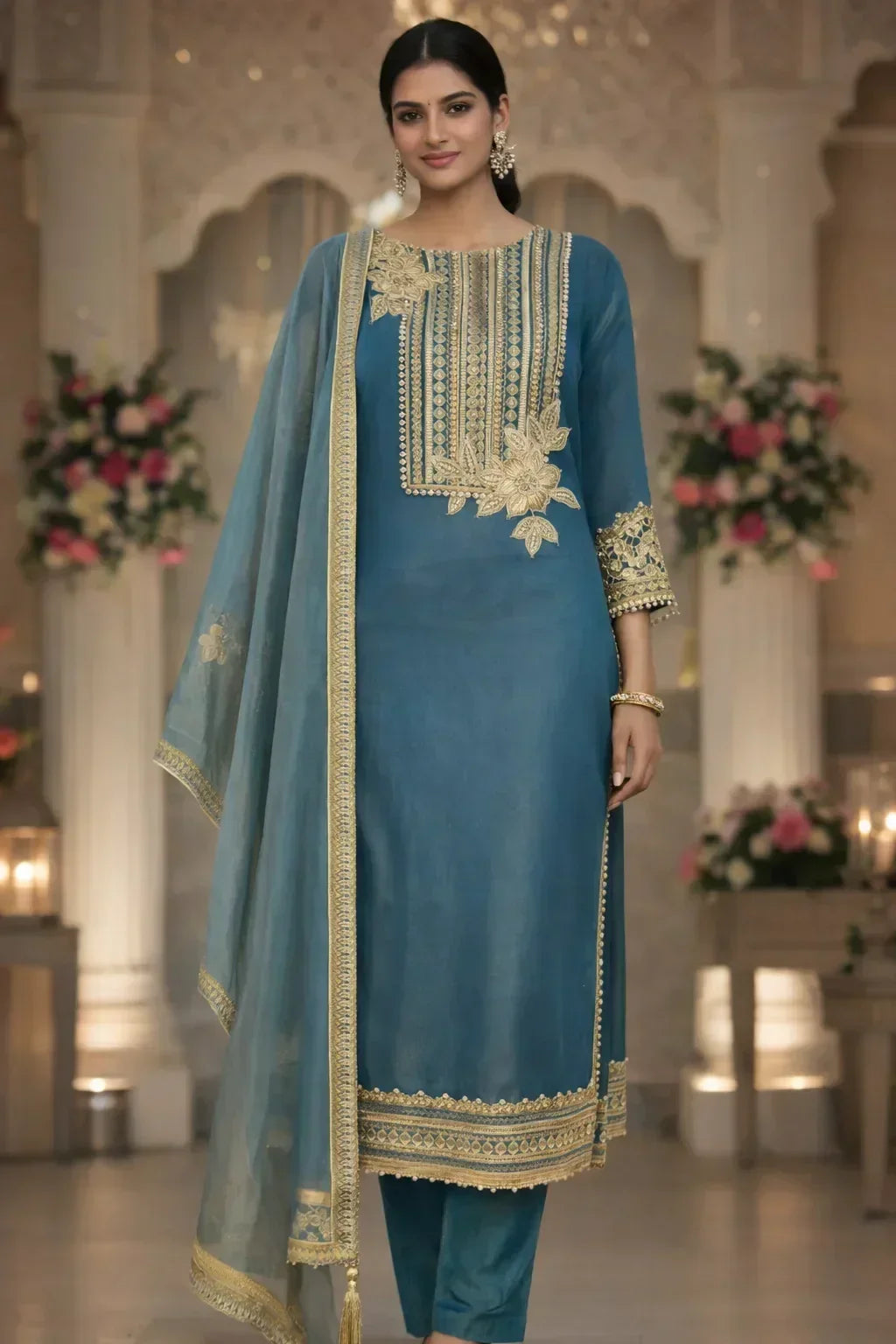 Elegant woman wearing teal salwar kameez with gold embroidery, matching dupatta, festival ethnic wear