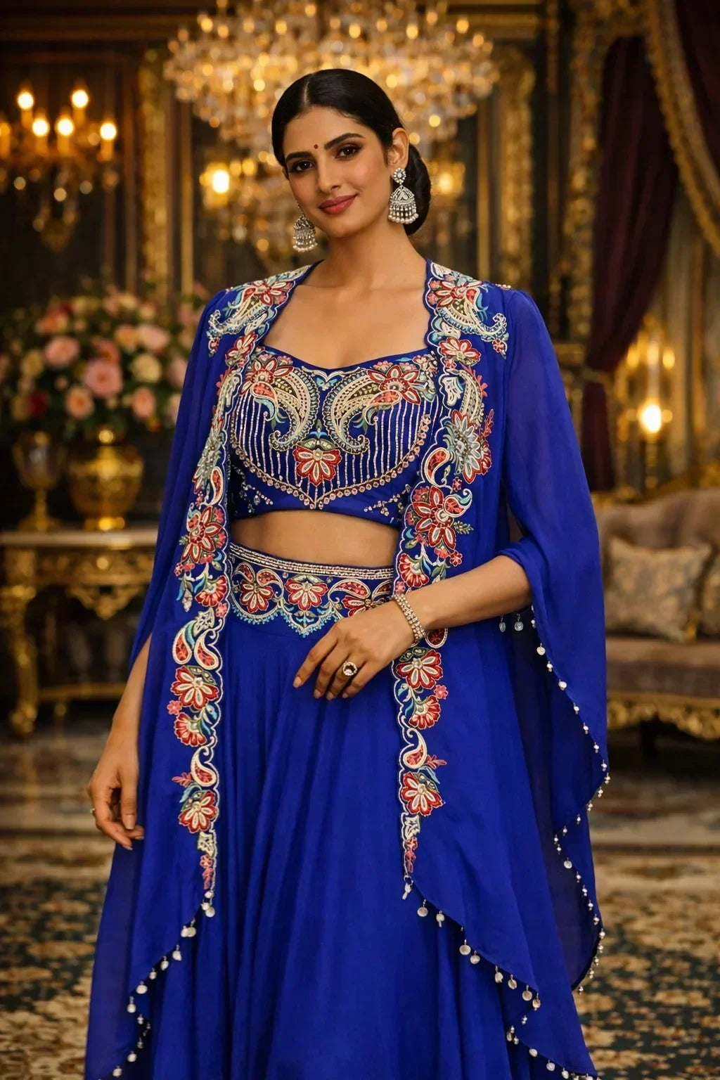Woman in royal blue embroidered ethnic Anarkali suit with floral detailing, chandbali earrings, and elegant background lighting, ideal for festive or wedding wear.