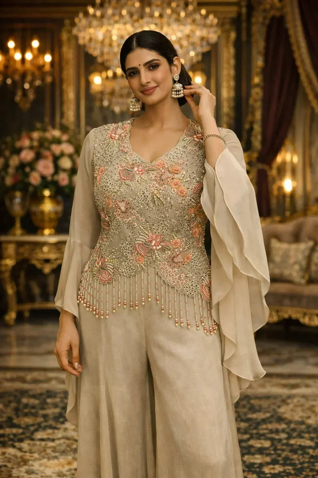Woman in elegant beige ethnic suit with floral embroidery and flared sleeves, chandelier background