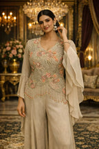 Woman in elegant beige ethnic suit with floral embroidery and flared sleeves, chandelier background