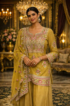 Woman in mustard yellow embroidered Anarkali suit with dupatta, traditional festive attire