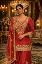 Woman in ornate red ethnic suit with gold floral embroidery and matching dupatta in a luxurious setting