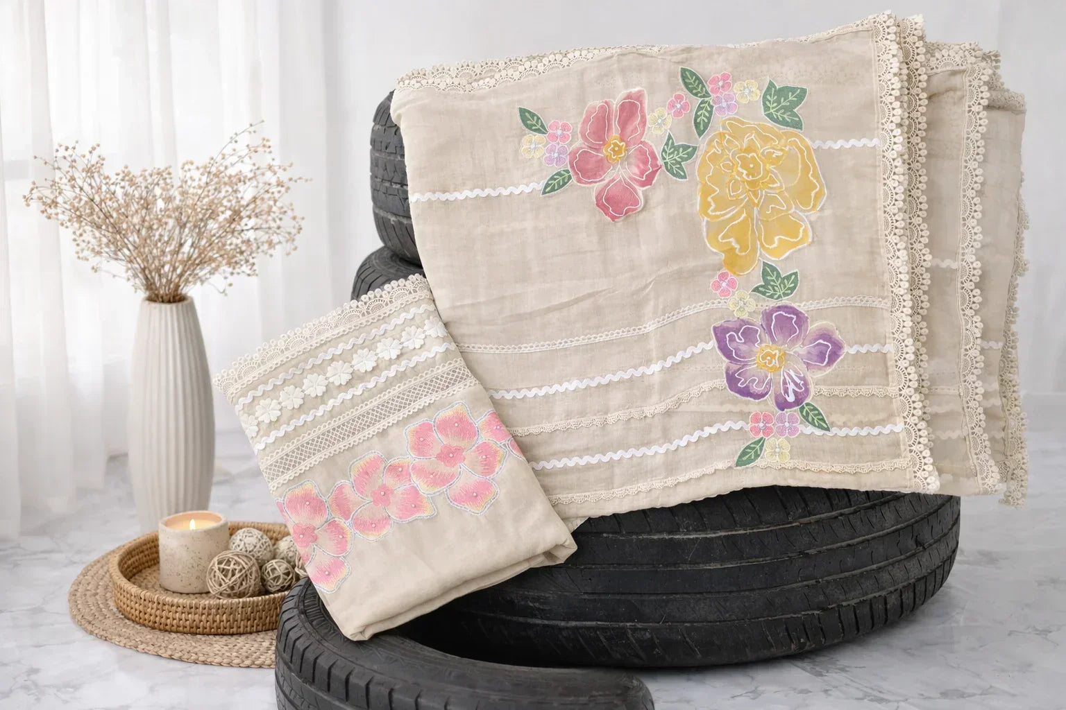 Beige embroidered ethnic fabric with floral designs and lace, styled in a modern setting.