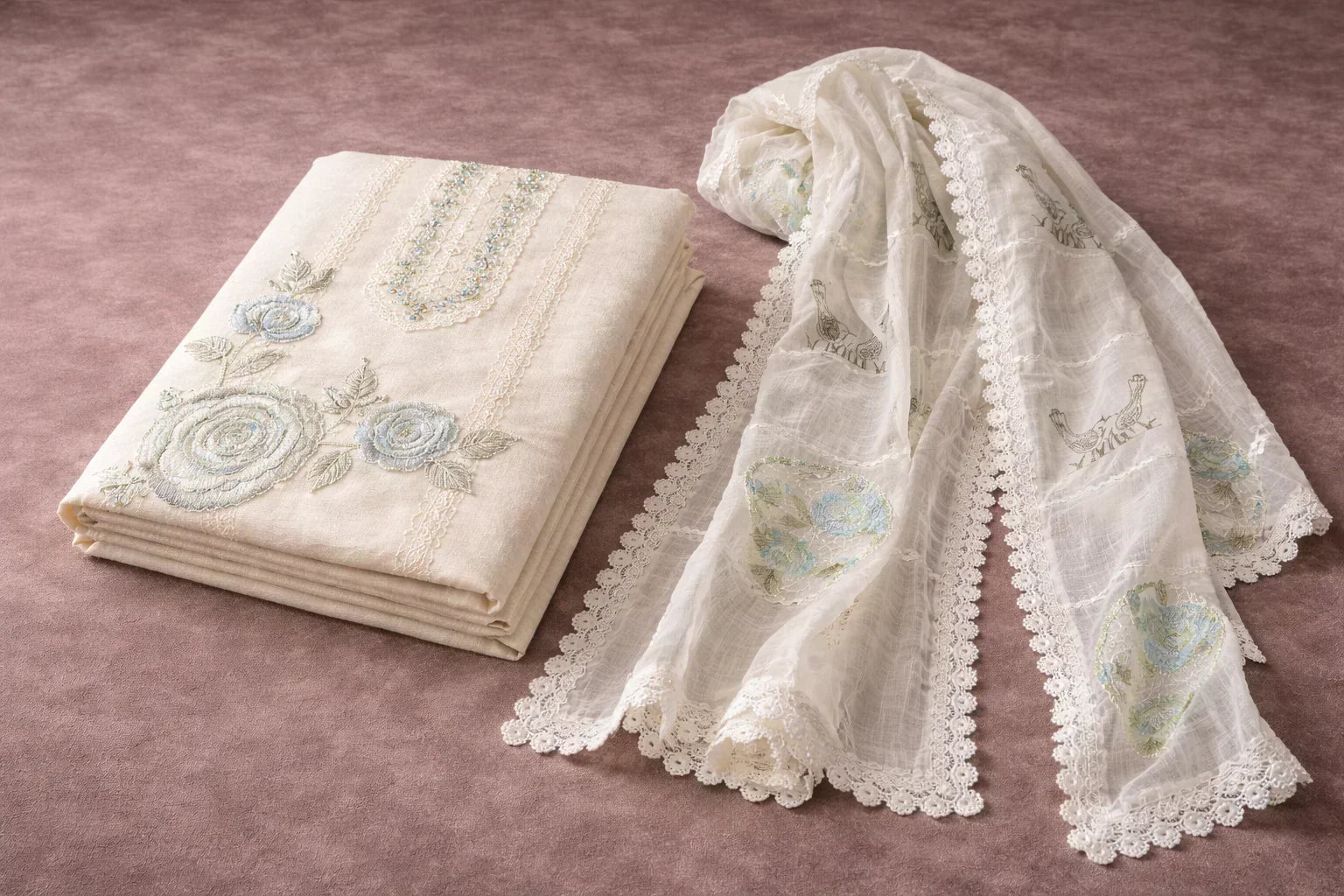 Embroidered cream ethnic suit set with pastel floral patterns and matching lace dupatta