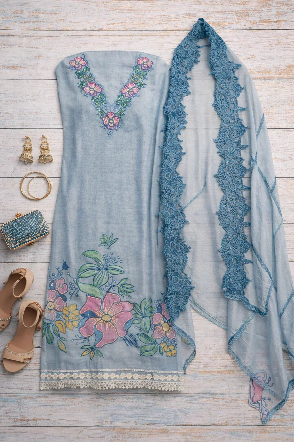 Light blue floral embroidered ethnic suit set with lace dupatta, sandals, clutch, earrings, and bangles on wooden background