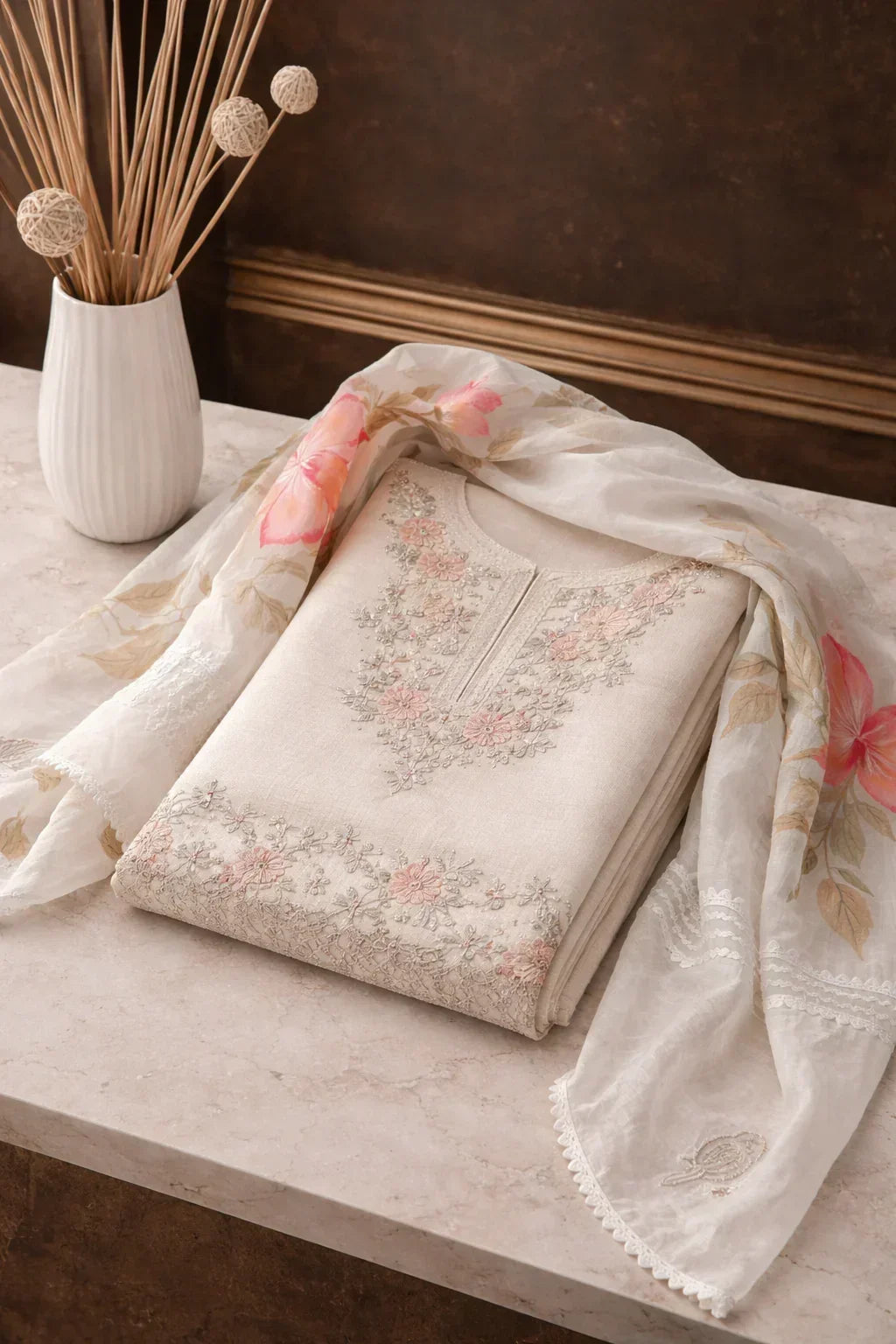 Beige embroidered Anarkali suit set with floral dupatta on marble table, luxury ethnic wear