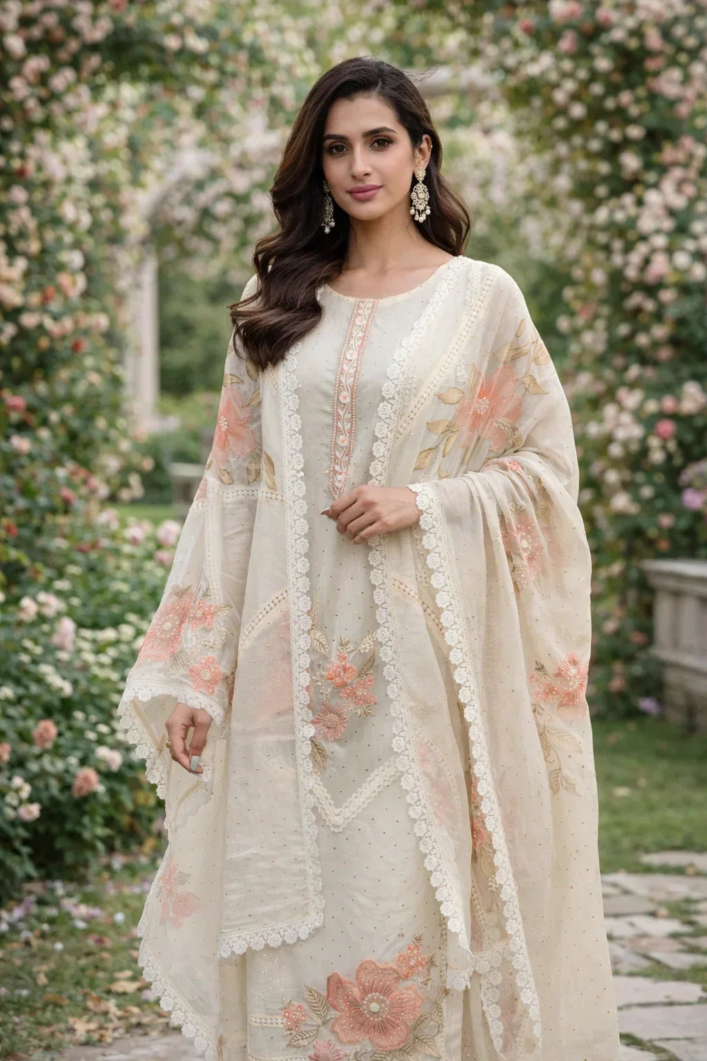Woman wearing cream floral Banarasi Anarkali suit with dupatta in a garden