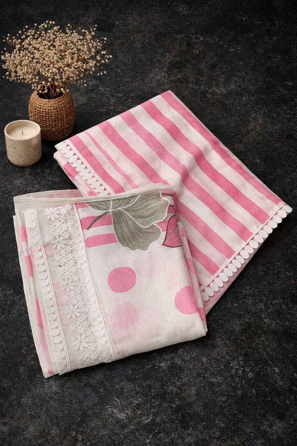 Pastel pink and white ethnic dupatta with stripes, floral embroidery, and polka dots