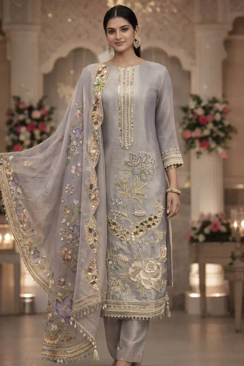 Elegant lavender-grey salwar kameez with floral embroidery and matching dupatta
