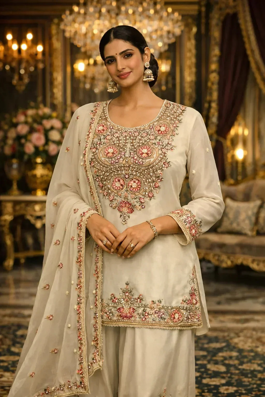 Woman in a cream embroidered Anarkali suit with floral motifs, wearing statement earrings, standing in a luxurious room.