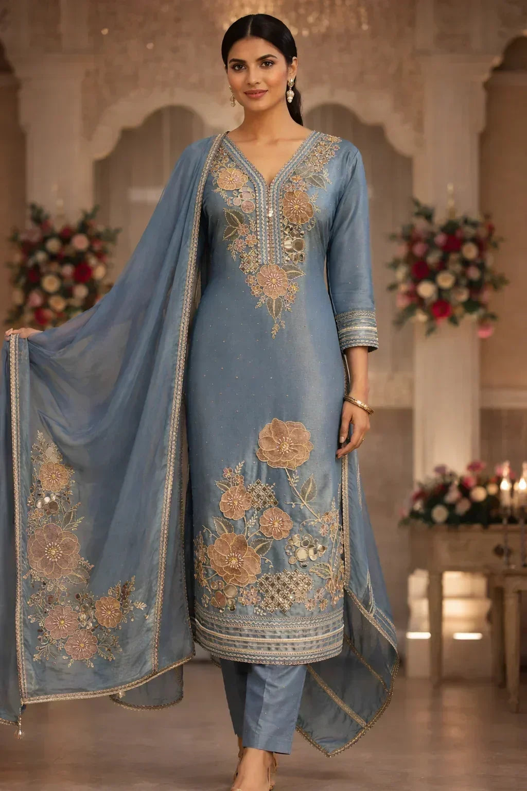Elegant steel blue Anarkali suit with floral embroidery, dupatta, and festive ethnic details