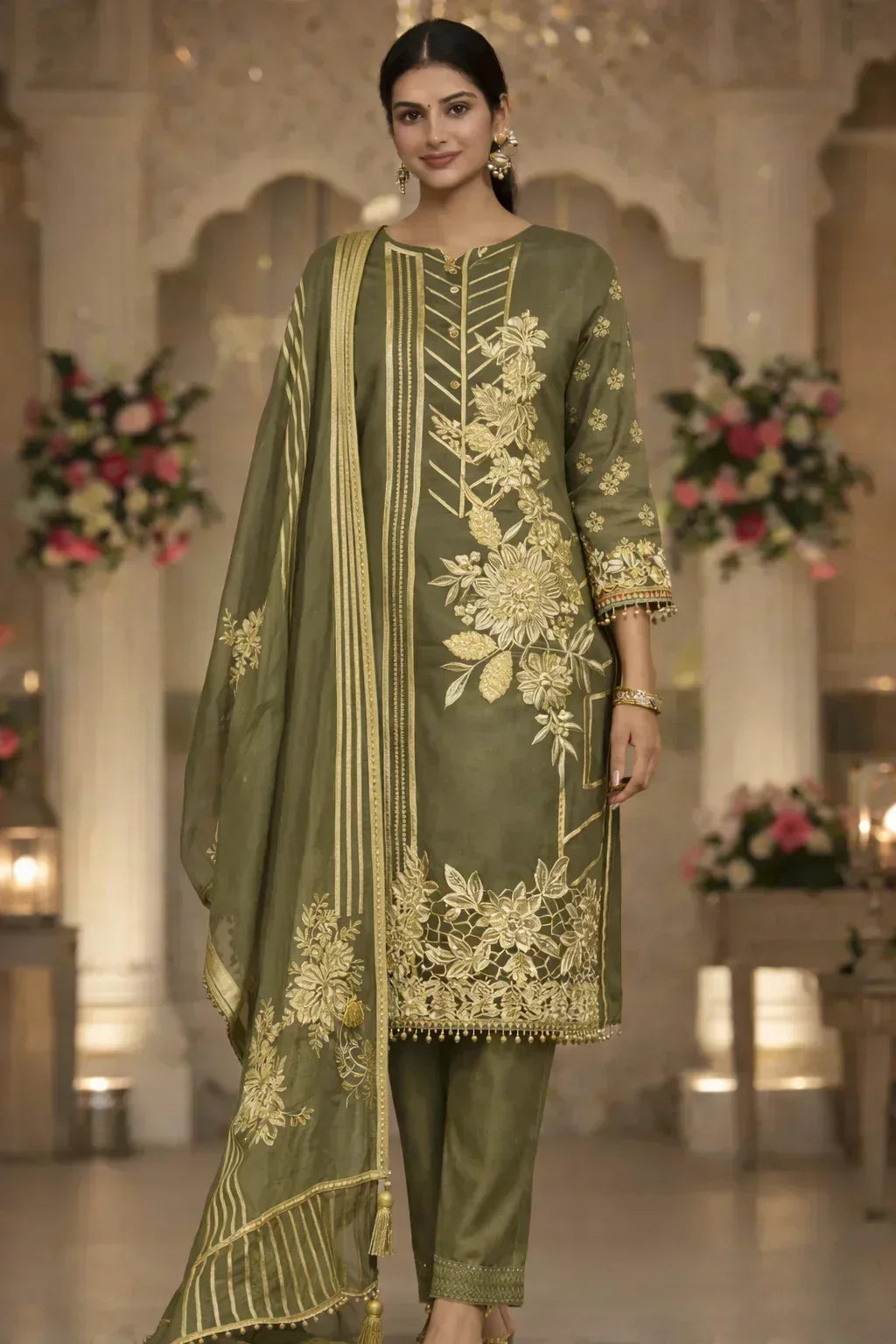 Woman wearing olive green and gold embroidered ethnic suit set with dupatta in a festive setting