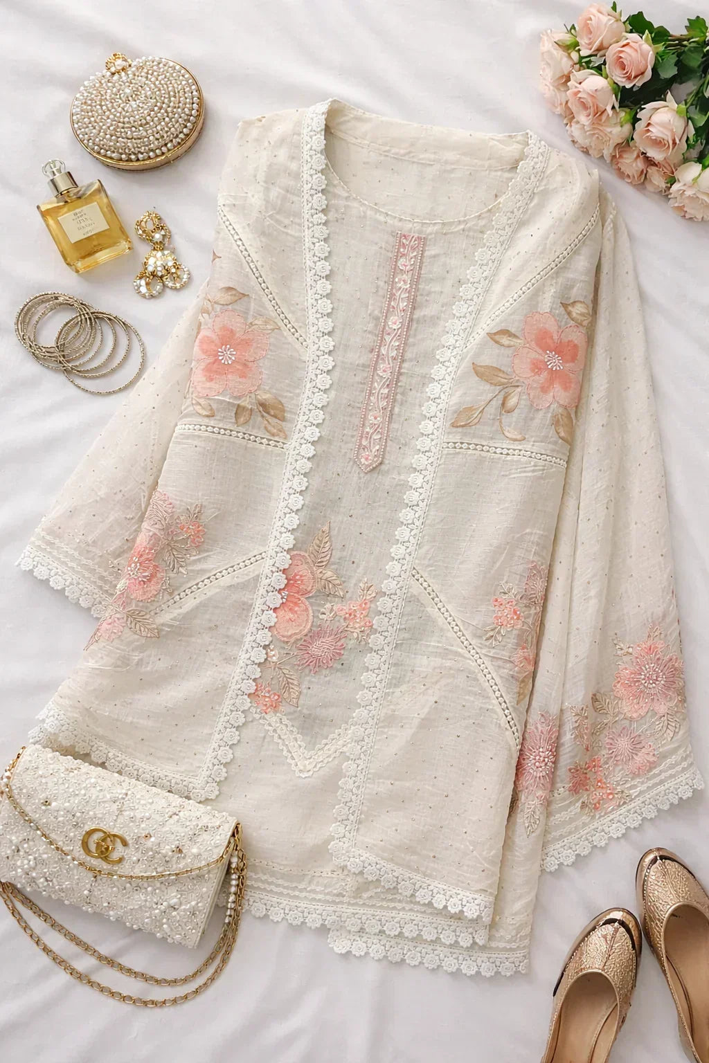 Embroidered cream ethnic kurta with pink floral design, pearl clutch, jewelry, and heels