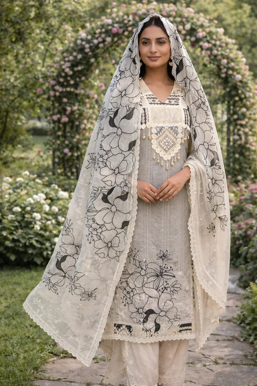 Woman in floral embroidered Anarkali suit with dupatta, standing in a garden archway