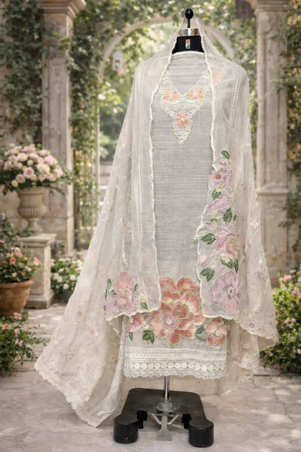 Ivory ethnic suit set with pastel floral embroidery, sheer dupatta, and lace detailing, displayed outdoors.