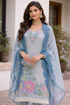 Woman in light blue embroidered Anarkali suit with floral patterns and matching dupatta