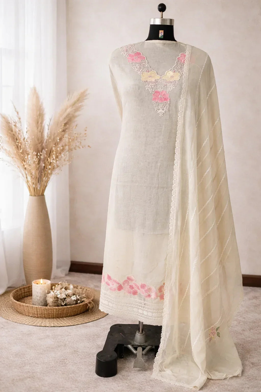 Ivory ethnic kurta set with pastel floral embroidery and sheer dupatta displayed on mannequin