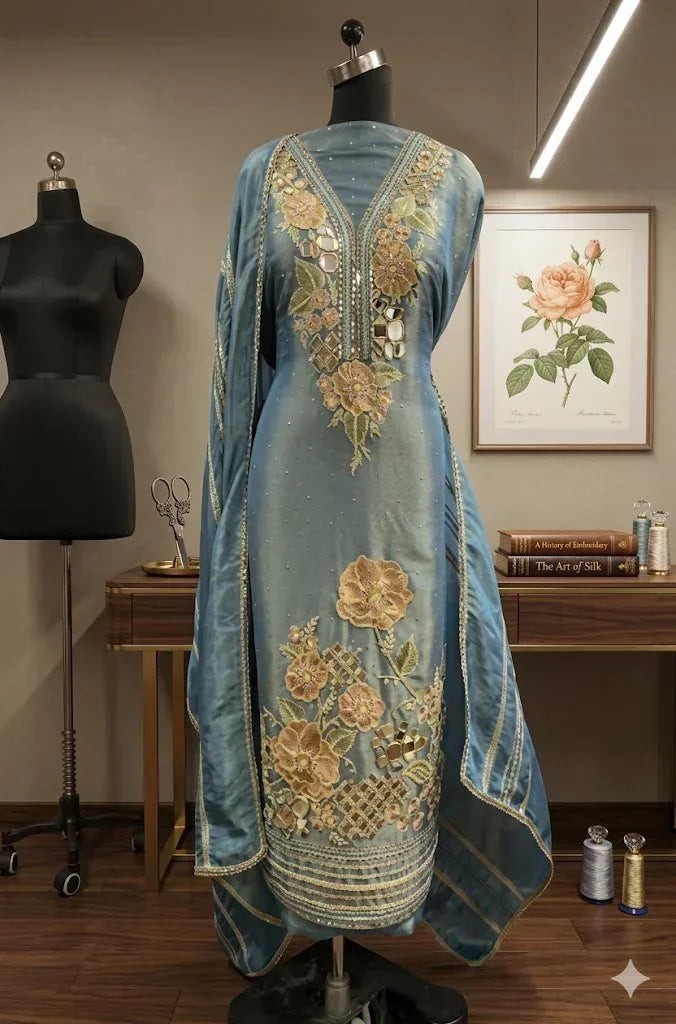 Blue embroidered Anarkali suit with floral motifs and dupatta, displayed on mannequin