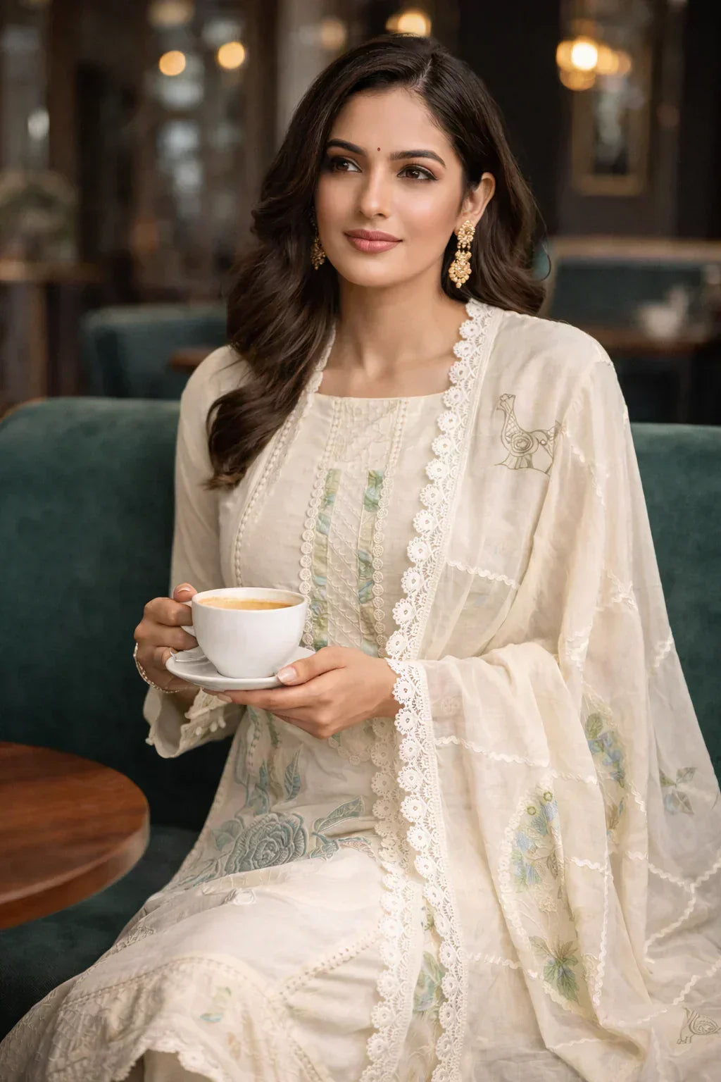 Woman in ivory embroidered ethnic suit with dupatta enjoying coffee in a modern lounge