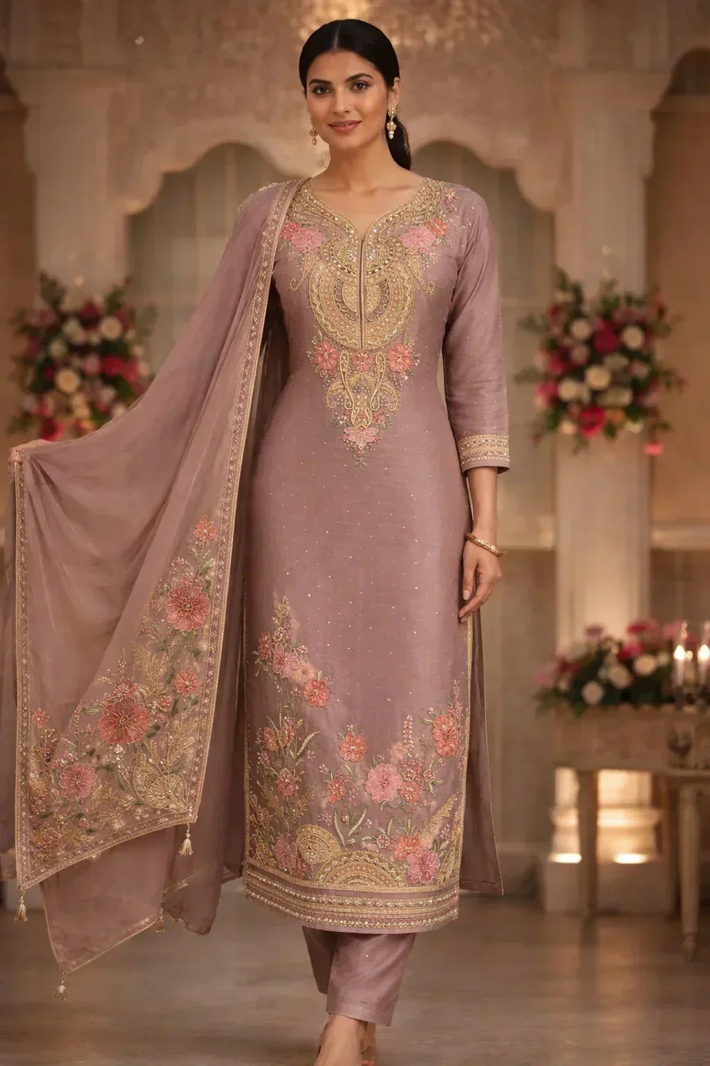 Elegant mauve ethnic suit with floral embroidery, dupatta, and gold detailing, ideal for festive wear