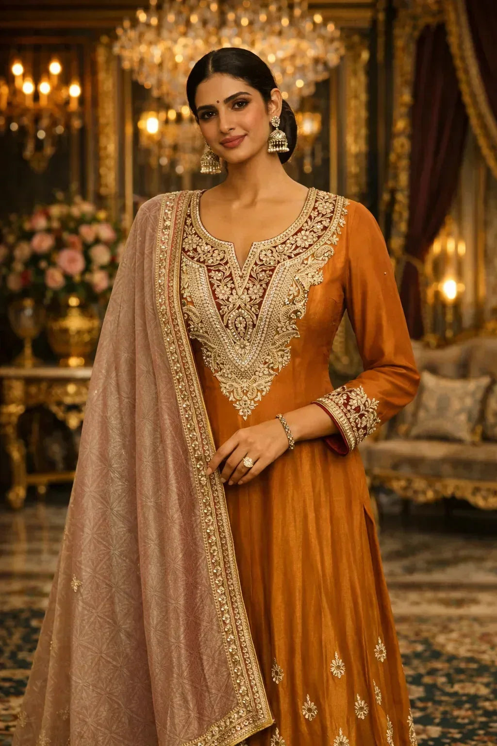 Woman in golden Banarasi Anarkali suit with intricate embroidery and matching dupatta