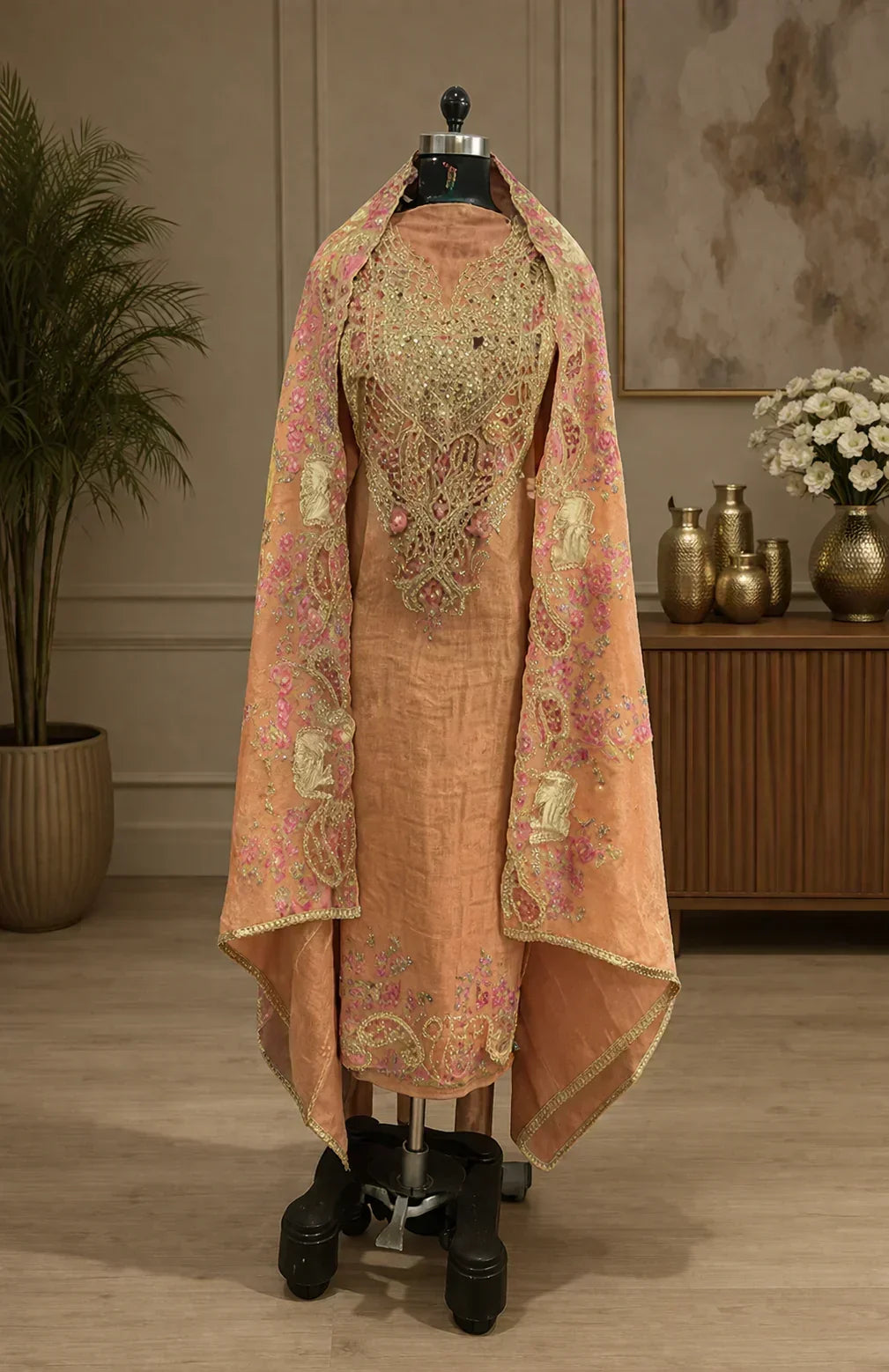 Embroidered peach ethnic suit with ornate dupatta, displayed on mannequin in elegant room.