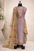 Lavender Banarasi Anarkali suit with intricate pink embroidery and gold net dupatta