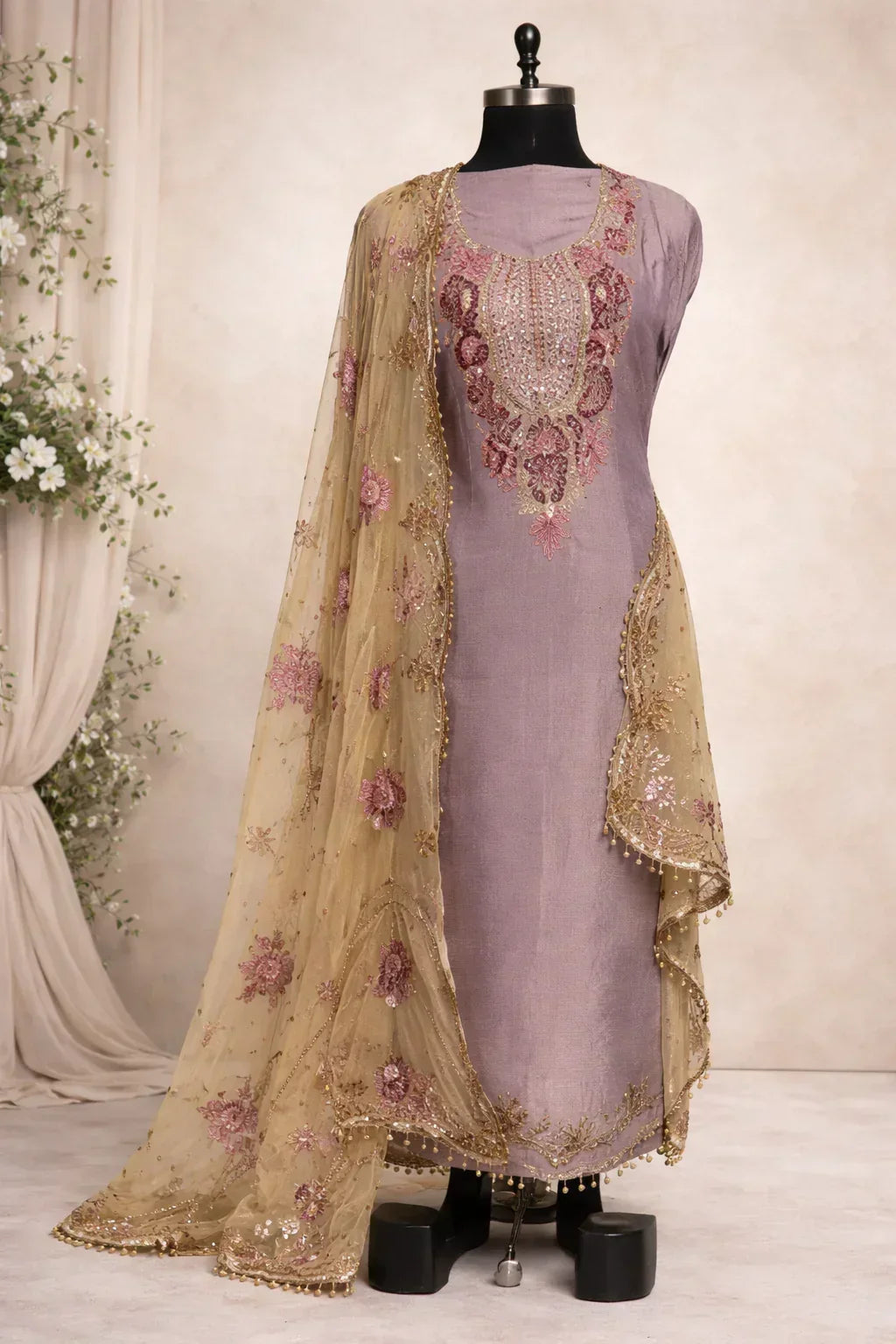 Lavender Banarasi Anarkali suit with intricate pink embroidery and gold net dupatta