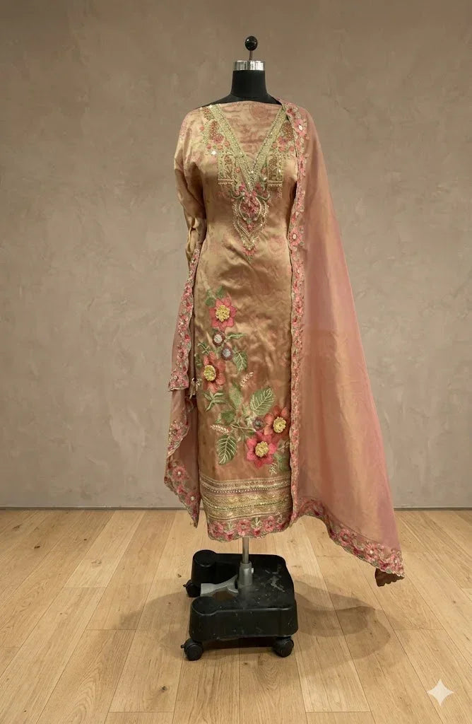 Embroidered peach ethnic suit with floral motifs and matching dupatta on mannequin