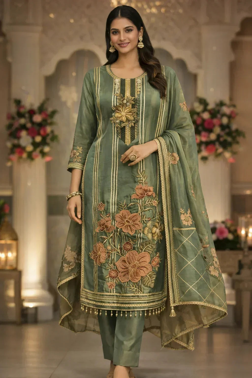 Woman in sage green embroidered Anarkali suit with floral patterns, dupatta, and jewelry