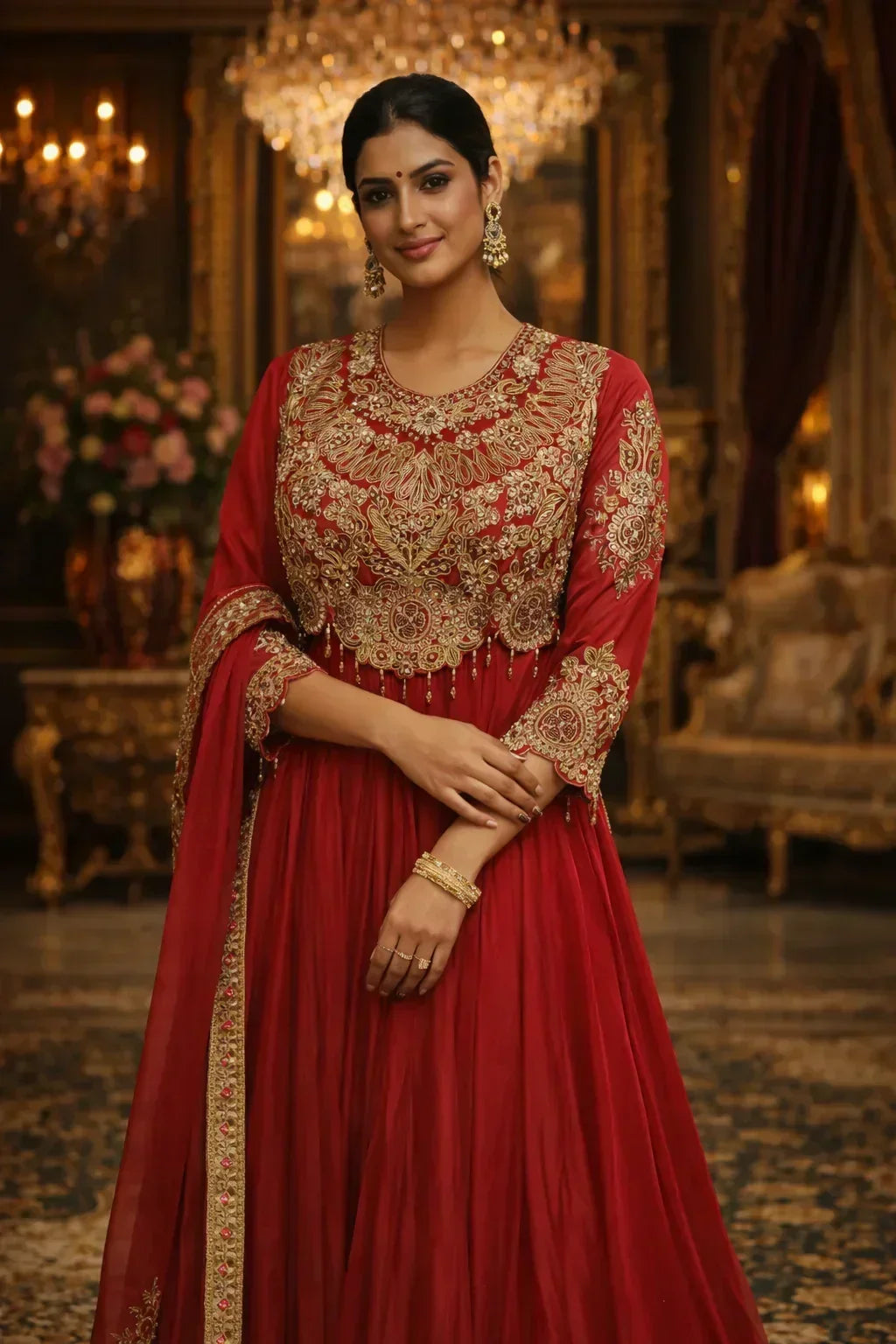 Woman in elegant red Anarkali suit with gold embroidery, wearing ethnic jewelry, in a luxurious setting