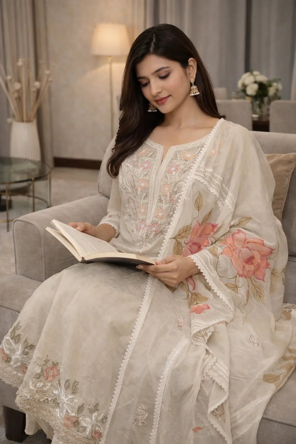 Woman in cream embroidered ethnic suit with floral dupatta sitting on sofa reading a book