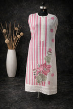 Pink and white striped ethnic kurta with floral print and lace trim on mannequin