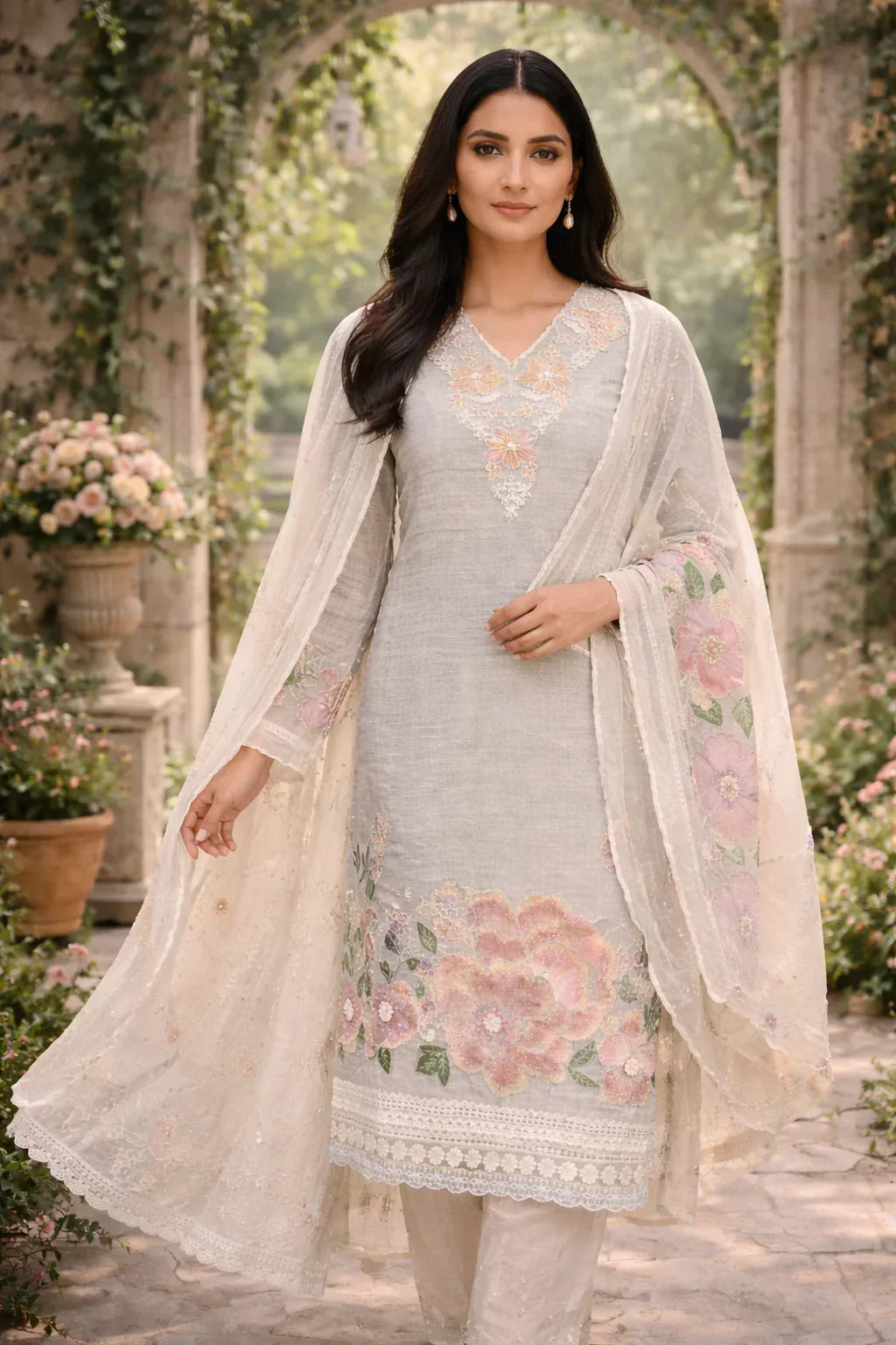 Woman wearing light grey embroidered Anarkali suit with floral dupatta in garden setting