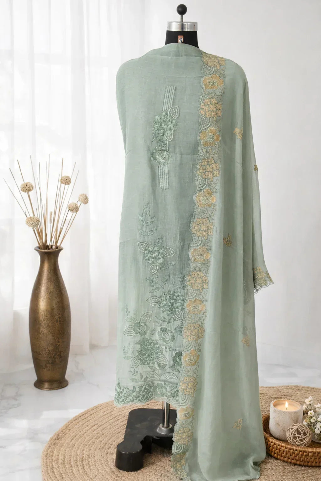 Pastel green embroidered ethnic suit with floral detailing, displayed on a mannequin