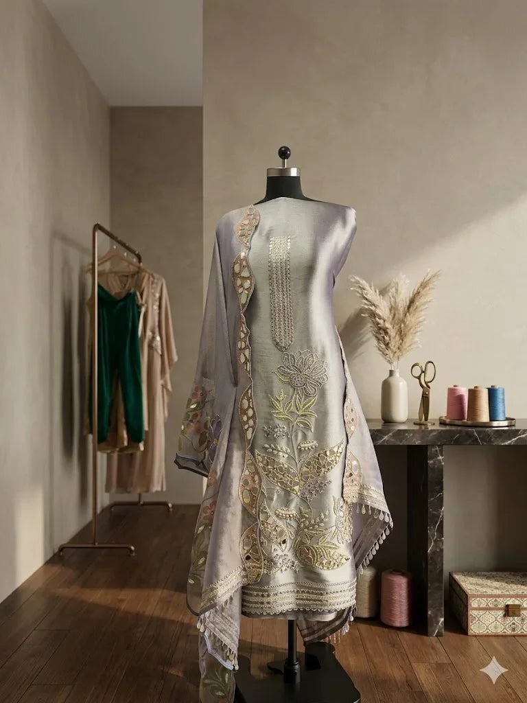 Pastel Banarasi Anarkali suit with floral embroidery displayed on a mannequin in a modern ethnic wear boutique