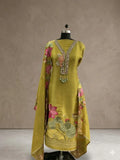 Olive green embroidered ethnic suit with floral patterns and dupatta, displayed on mannequin