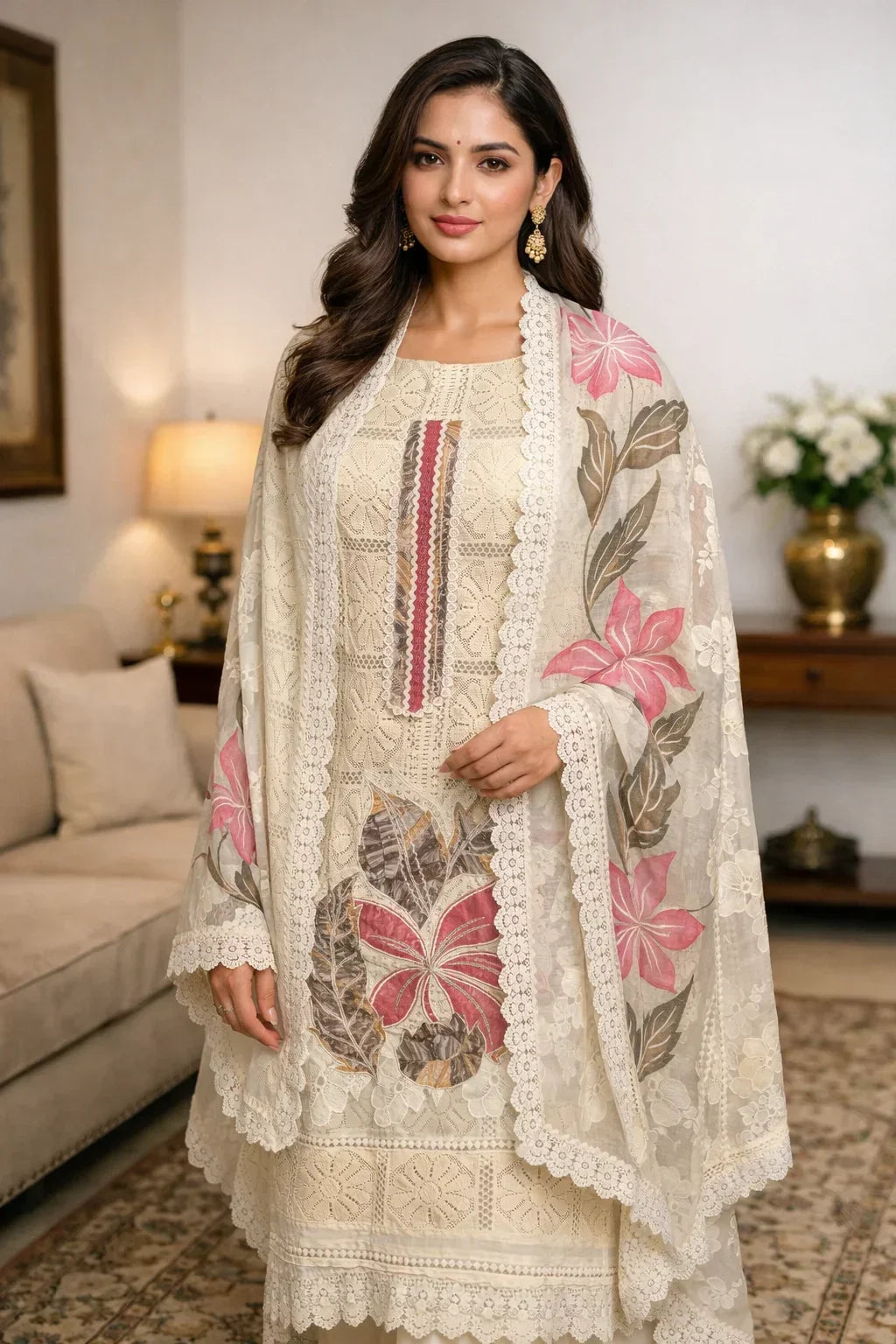 Woman in cream ethnic Anarkali suit with pink floral embroidery and lace dupatta